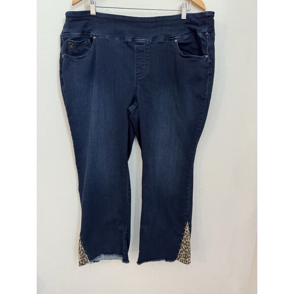 Belle Kim Gravel Jeans Raw Hem Jeans 22W Blue Pull On Flare Leopard Inserts Boho - Picture 1 of 9